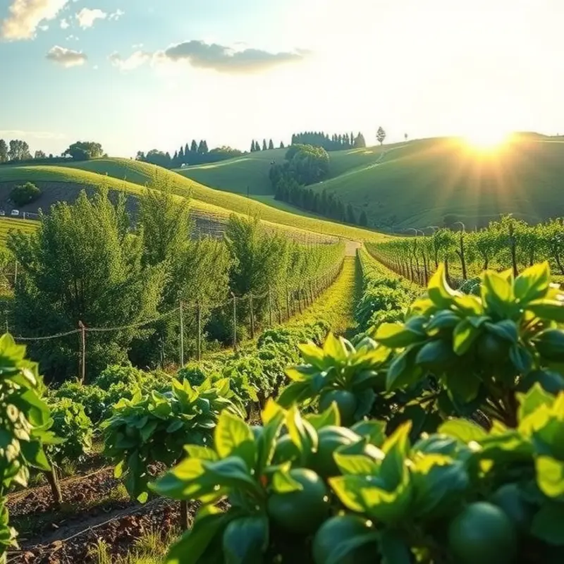 A vibrant sunlit field filled with fresh produce and lush greenery.