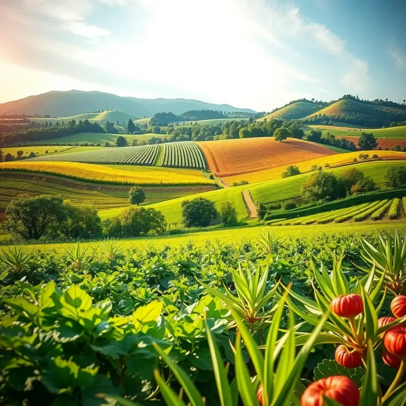A lush sunlit field thriving with organic fruits and vegetables.