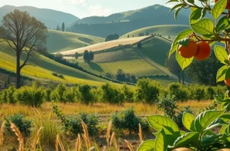 An abundant organic field of vibrant vegetables and fruits illuminated by warm sunlight.