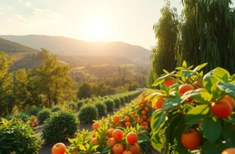 A serene landscape showcasing a harvest of organic vegetables and fruits.