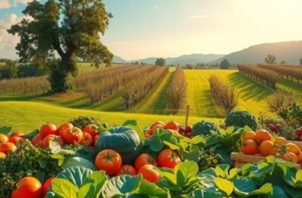 A breathtaking view of organic produce growing in a sunlit landscape, emphasizing natural abundance and beauty, free of human presence.