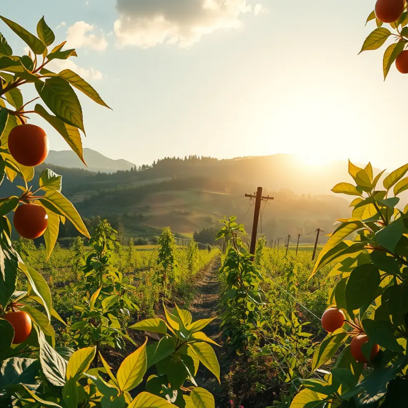 A scenic view of an organic orchard bursting with vibrant fruits and vegetables.
