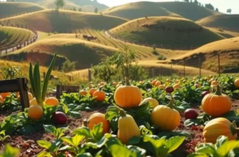 A breathtaking orchard filled with fresh vegetables and fruits, basking in warm light.