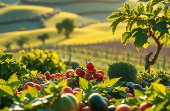Photorealistic depiction of an organic orchard filled with fresh fruits and vegetables, bathed in sunlight.