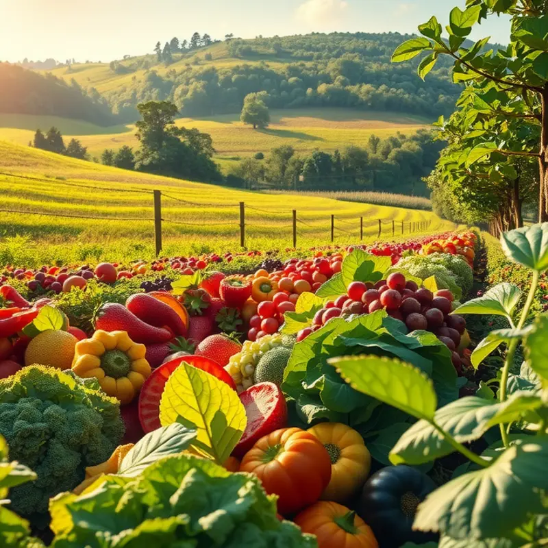A sunlit orchard showcasing vibrant fruits and vegetables growing naturally.