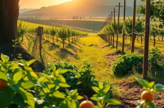 Photorealistic image of an orchard filled with colorful fruits and vegetables under soft, warm lighting.