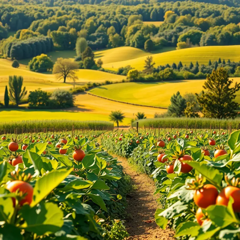 A breathtaking sunlit field filled with vibrant fruits and vegetables.