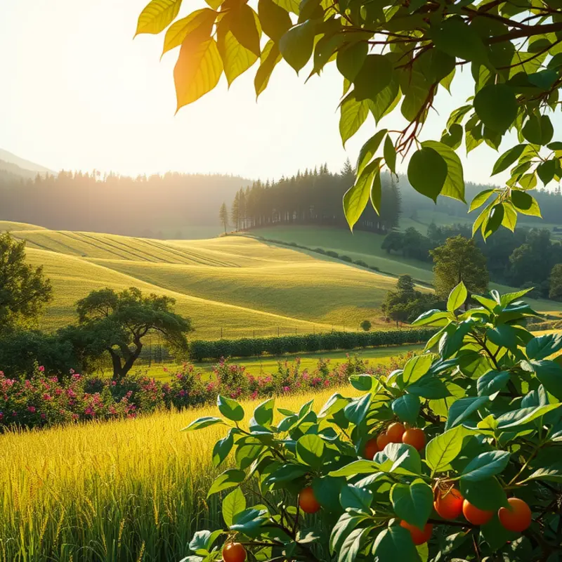 A sunlit orchard brimming with vibrant, organic fruits and vegetables.