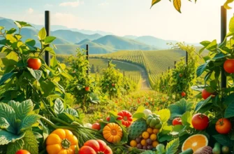 A photorealistic image of a lush orchard with colorful fruits and vegetables in natural light.