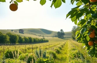 A tranquil orchard filled with vibrant organic fruits and vegetables in a sunlit setting.