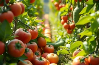 A lush field with an abundance of colorful produce thriving in sunlight, symbolizing healthy nutrition and freshness.