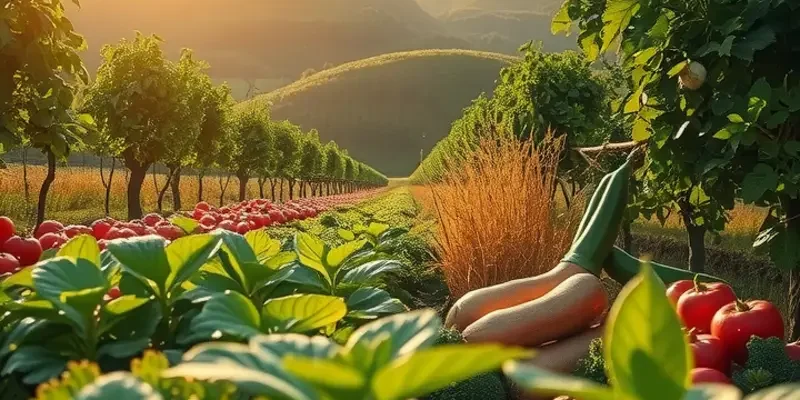 A natural landscape with a sunlit field of vegetables and fruits, representing healthy cooking ingredients.