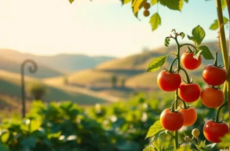 A sunlit landscape featuring an orchard filled with colorful fruits and vegetables growing in a lush green setting.