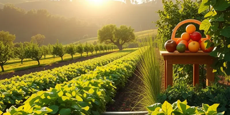 A tranquil field overflowing with vibrant organic fruits and vegetables.