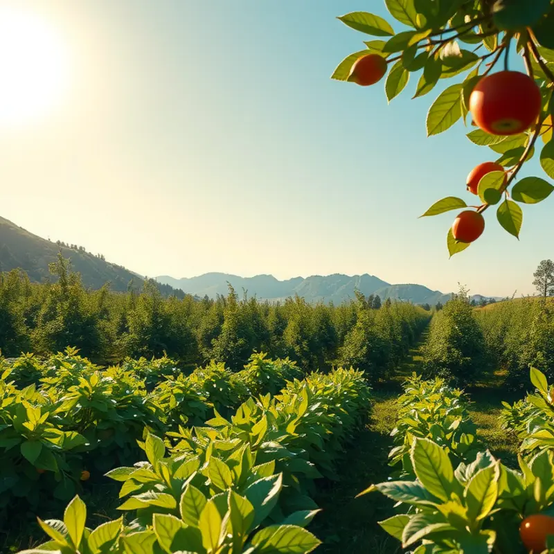 A sunlit field showcasing vibrant vegetables and fruits in a natural setting.