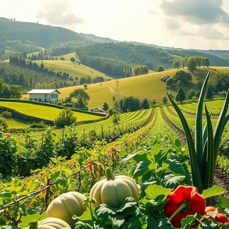 A sunlit orchard filled with vibrant fruits and vegetables.
