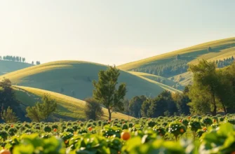 A picturesque view of an organic orchard under a sunrise, highlighting fresh fruits and vegetables.