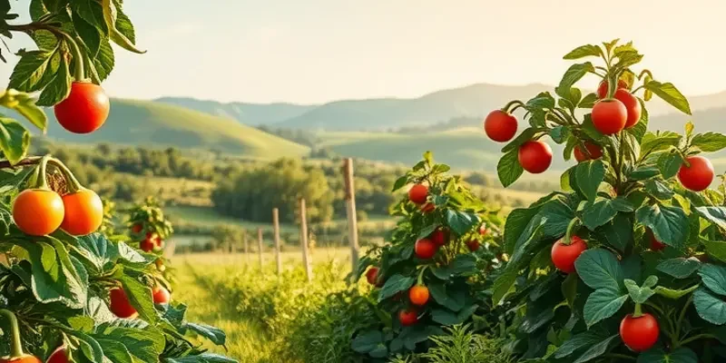 A scenic view of a sunlit field filled with organic vegetables and fruits in a lush natural setting.