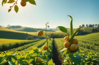 Photorealistic scenic landscape depicting a sunlit field filled with organic fruits and vegetables in harmony with nature.