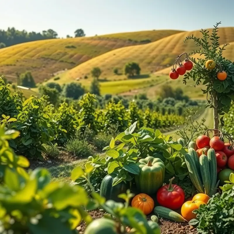 A vibrant landscape showcasing sustainable farming practices with abundant produce.
