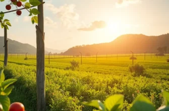 A picturesque view of a lush field showcasing organic fruits and vegetables under warm lighting.