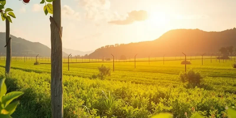 A picturesque view of a lush field showcasing organic fruits and vegetables under warm lighting.