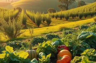 A beautiful sunlit landscape showcasing an organic farming scene with healthy crops.