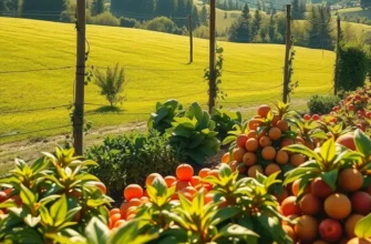 A vibrant sunlit landscape showcasing a field of organic fruits and vegetables, symbolizing sustainable ingredients.