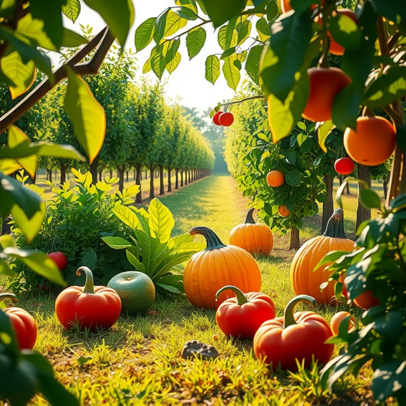 An orchard filled with thriving organic vegetables and fruits, representing sustainable farming practices.