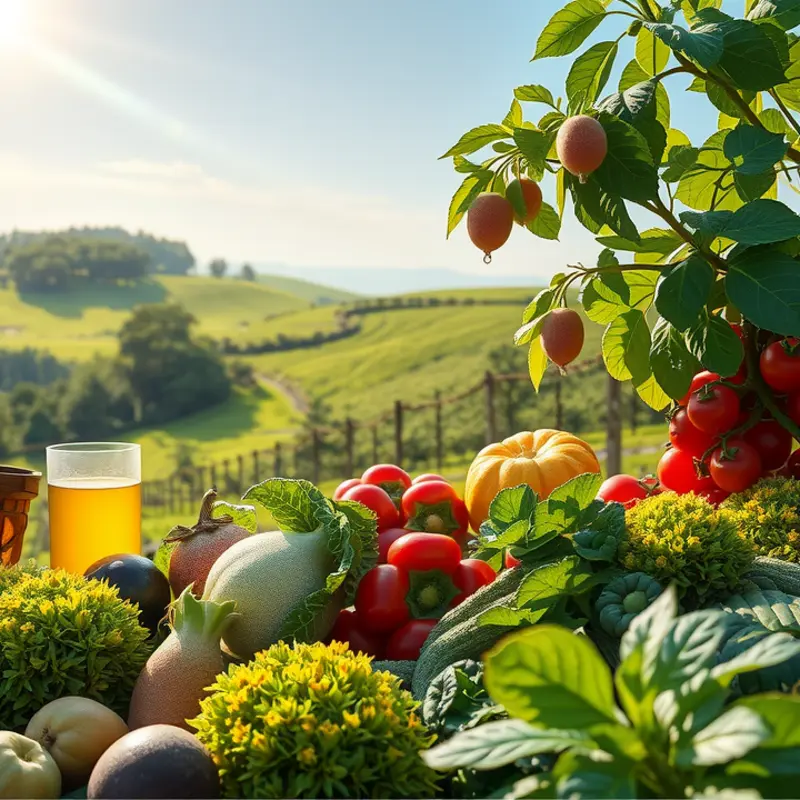 A vibrant, sunlit field filled with organic vegetables and fruits.