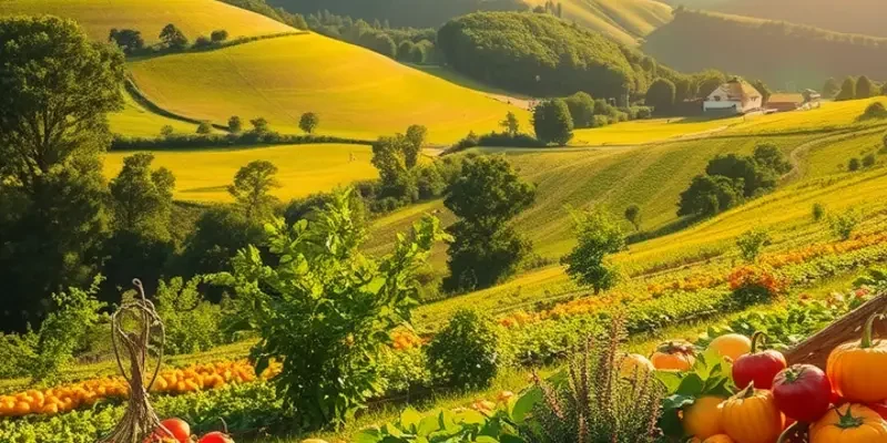 A vibrant natural landscape featuring fresh fruits and vegetables in a serene setting.