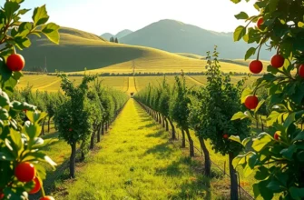 A lush landscape featuring a variety of organic fruits and vegetables under warm sunlight.