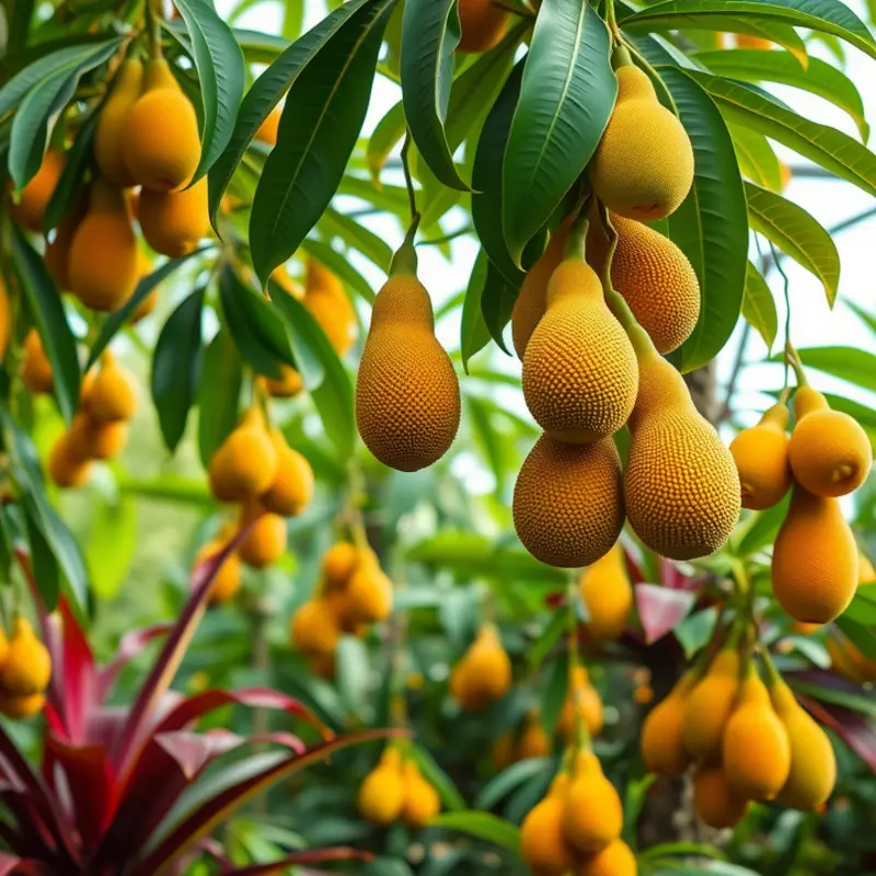 A vibrant array of jackfruits amidst lush greenery in a tropical garden.