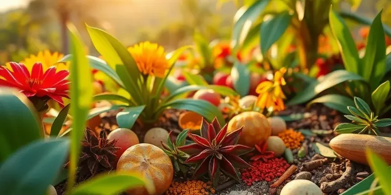 A scenic view of a tropical orchard with colorful fruits and vegetables under warm sunlight.