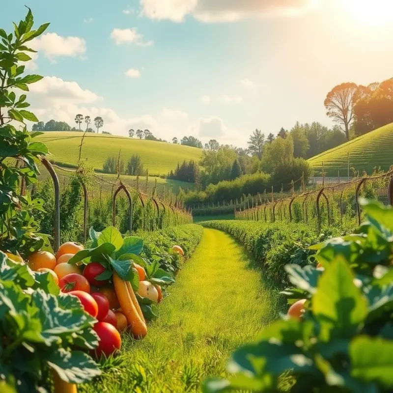 A vibrant orchard abundant with fresh vegetables and fruits under soft sunlight.