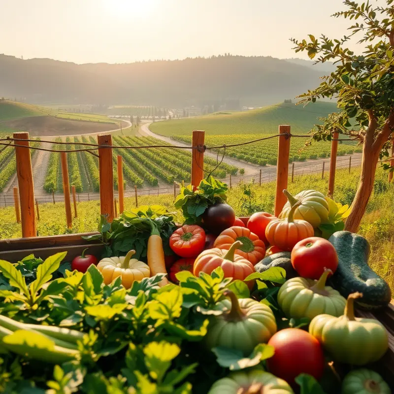 A sunlit field filled with fresh fruits and vegetables representing high-satiety foods.