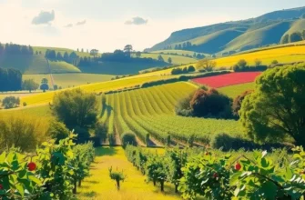 A breathtaking view of a field loaded with fresh organic fruits in a lush landscape.