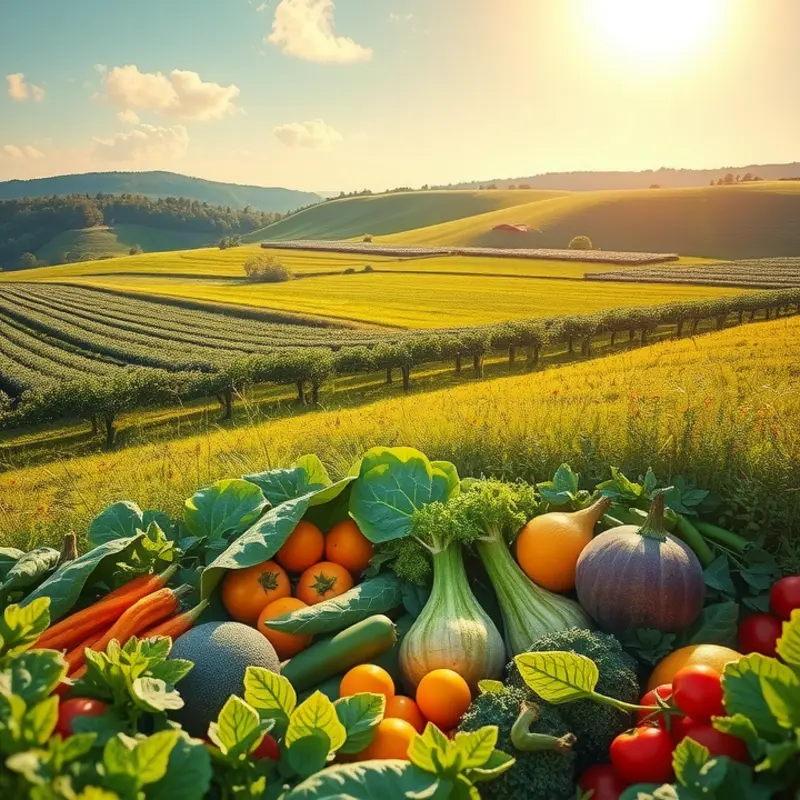 A sunlit field showcasing vibrant vegetables and fruits, representing the bounty of plant-based diets.