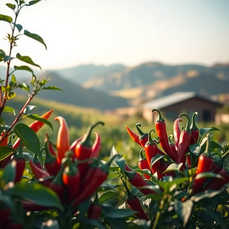 A garden brimming with vibrant chili peppers, symbolizing the heart of spiciness in cuisine.