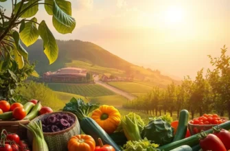 A beautiful landscape with fields of fresh vegetables and fruits under warm sunlight, symbolizing healthy nutrition.