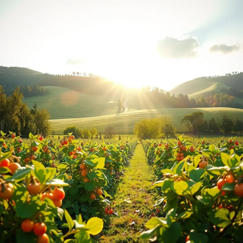 A vibrant sunlit field filled with fresh produce and lush greenery.