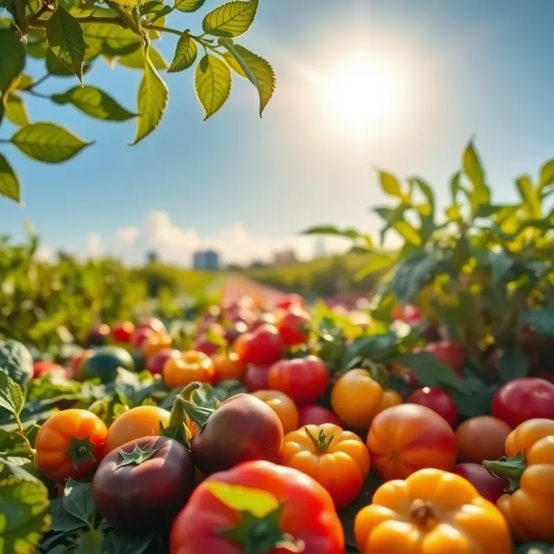 Sunlit field abundant with vibrant fruits and vegetables.