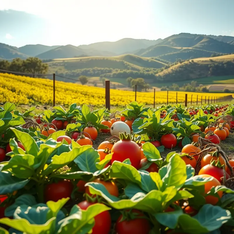 A vibrant garden with fresh vegetables and fruits flourishing under the sun.