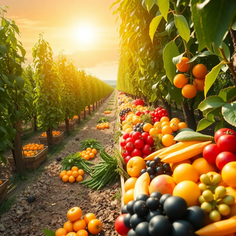 A rich orchard showcasing the vibrant colors of fresh fruits and vegetables under soft sunlight.