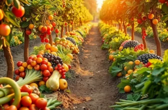 A scenic view of a lush orchard with colorful fruits and vegetables, highlighting nature's abundance.