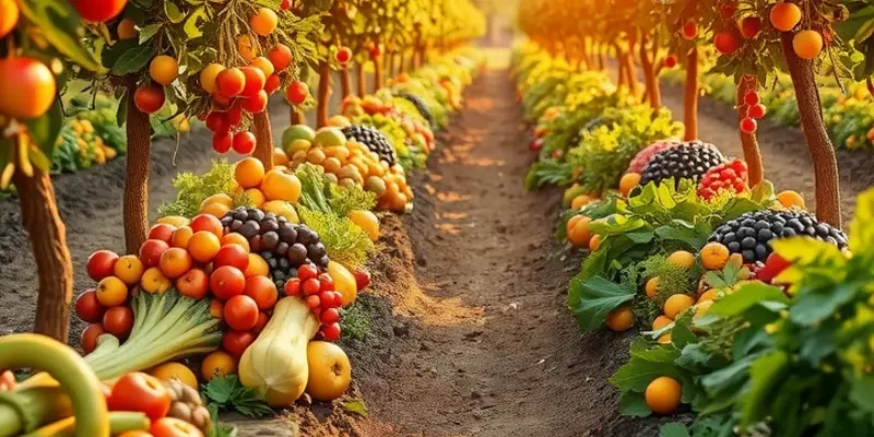A scenic view of a lush orchard with colorful fruits and vegetables, highlighting nature's abundance.
