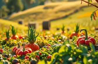 A lush landscape filled with vibrant fruits and vegetables growing naturally in a sunlit field.