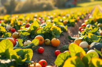 A sunlit field displaying an abundance of vibrant vegetables and fruits surrounded by gentle greenery.