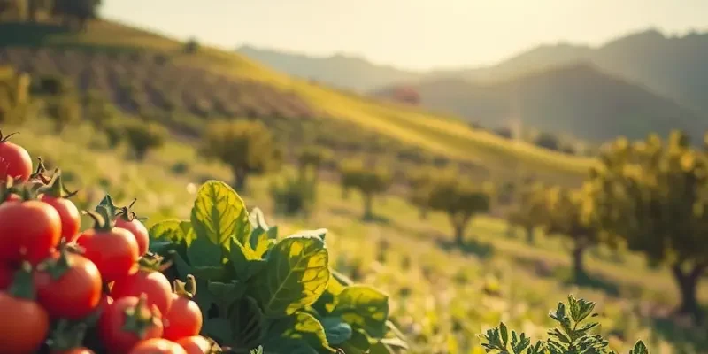 A serene and colorful natural landscape filled with fresh organic fruits and vegetables under warm sunlight.