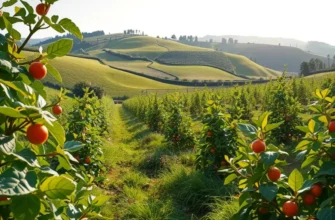 A scenic field full of vibrant organic vegetables and fruits basking in sunlight.